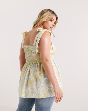 Floral Print Shirred Linen Peplum Top with Tie Straps
