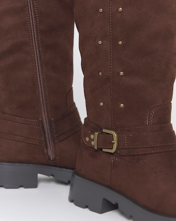 Zoey Studded Knee High Biker Boots - Wide Fit (E) & Curvy Calf