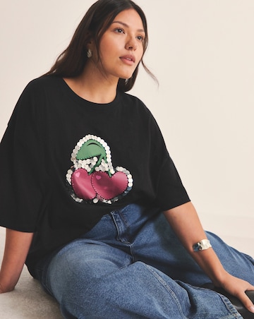 Simply Be Black Embellished Cherries T-Shirt