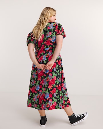 Floral Print Waffle Puff Sleeve A Line Midi Dress