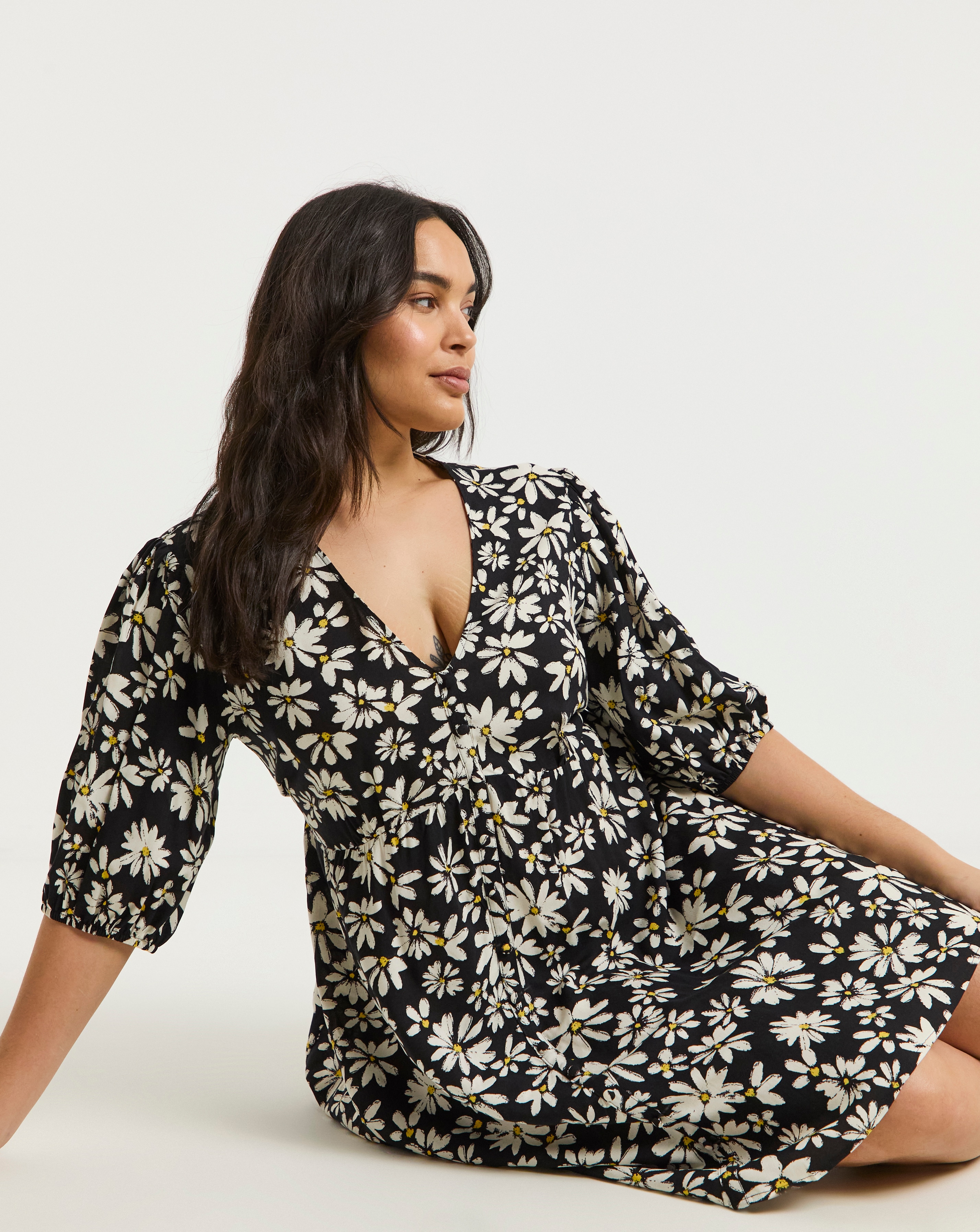 Simply Be Daisy Print Button Through Viscose Skater Dress | Simply Be