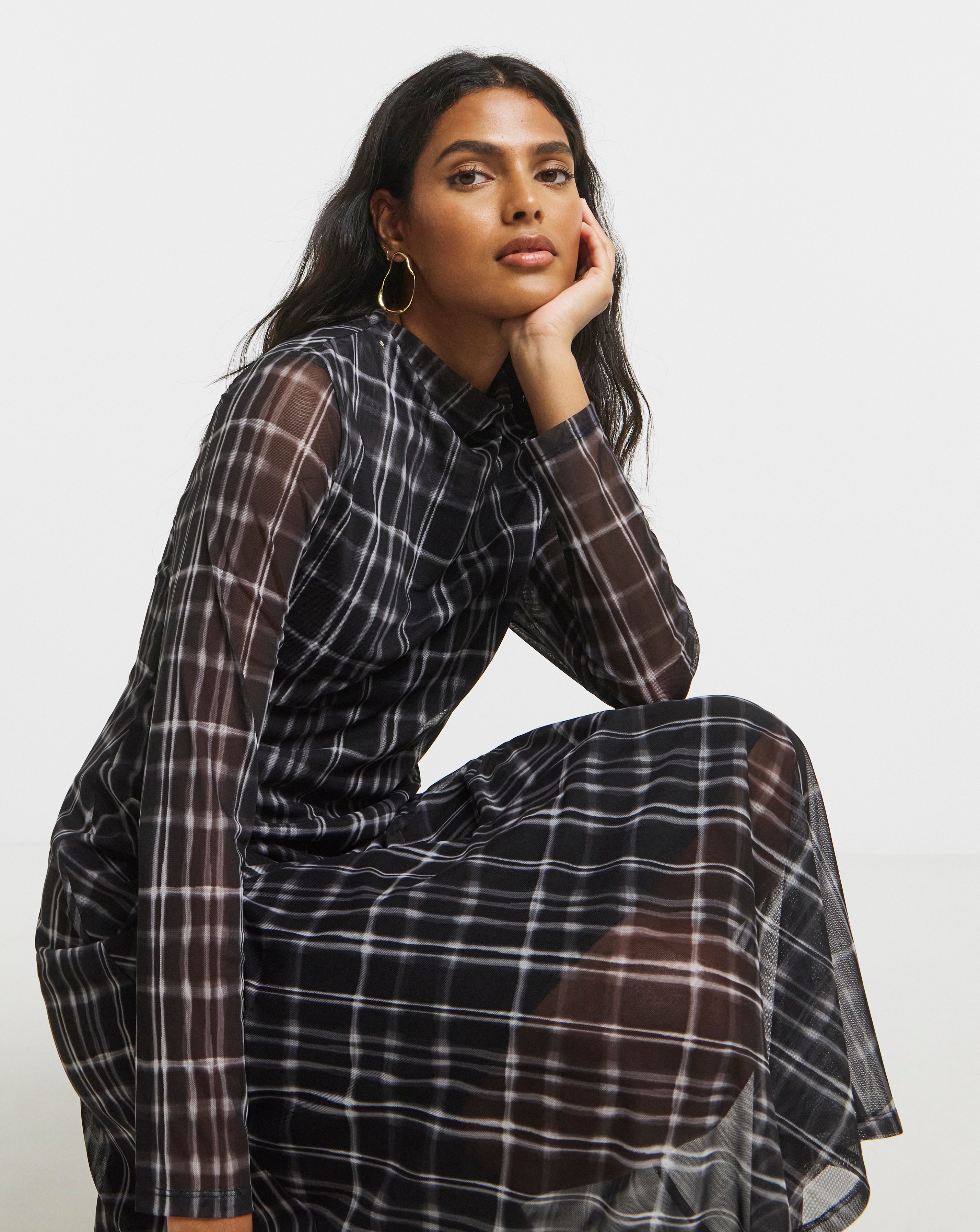 Mono Check Print Ruched Mesh Midi Dress | Simply Be