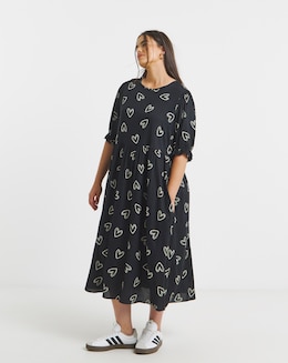 Black Heart Print Spun Viscose Midi Dress