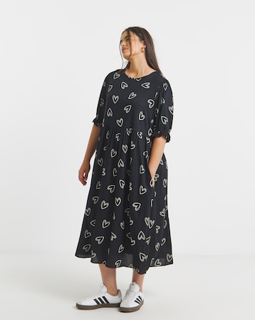 Black Heart Print Spun Viscose Midi Dress