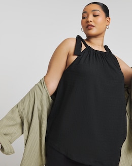 Black Textured Tie Shoulder Top