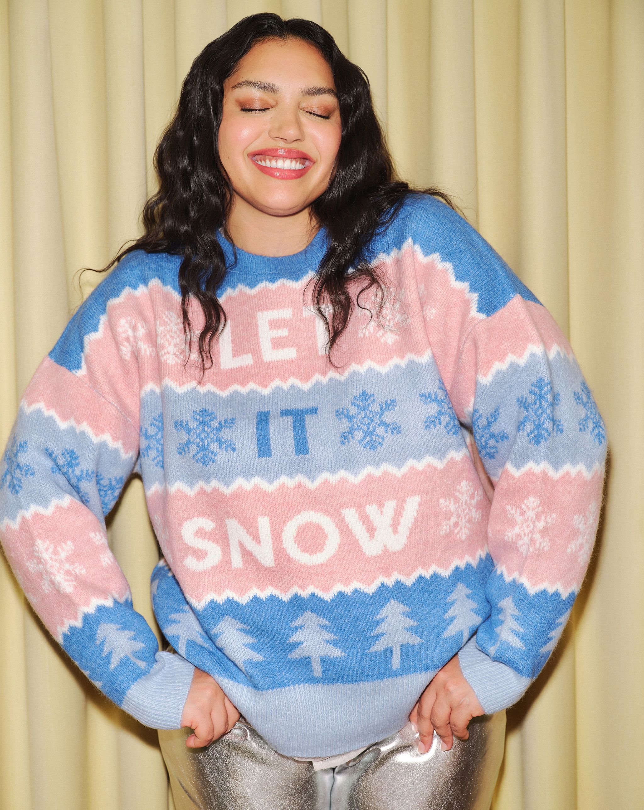 Novelty Christmas jumper in blue and pink