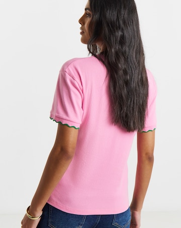 Simply Be Pink & Green Ribbed Scallop T-Shirt