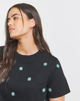 Simply Be Black &amp; Teal Flower Embroidery T-Shirt