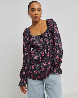 Black Floral Satin Square Neck Blouse with Tie Detail and Frill Cuffs