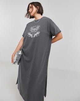 Acid Wash  Cotton Jersey Graphic Short Sleeve Midi T-Shirt Dress