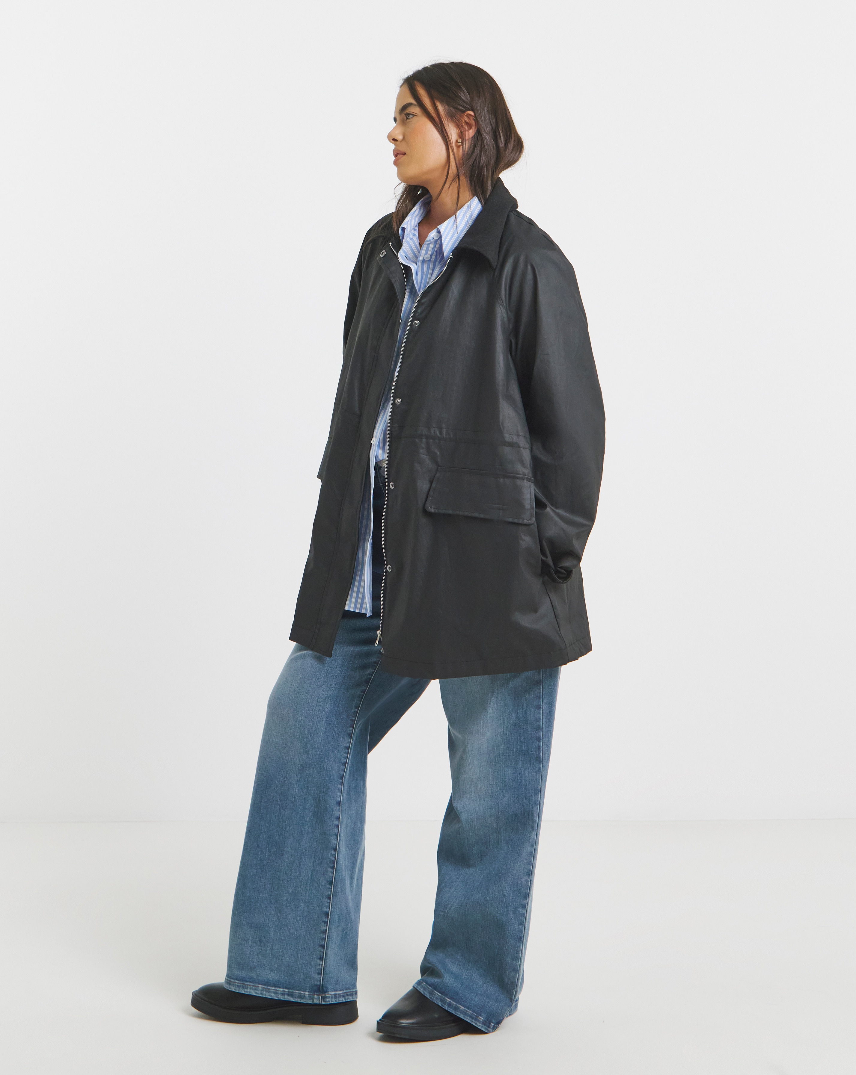 Black Waxed Finish Cord Collar Short Jacket | Simply Be