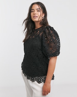 Joanna Hope Crochet Blouse With Puff Sleeves
