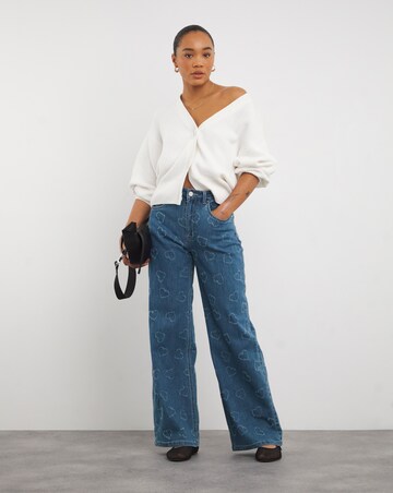 Mid Wash Distressed Heart Straight Leg Jean