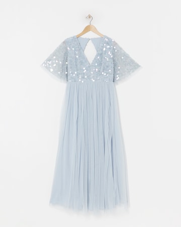 Maya Curve V Neck Delicate Disc Sequin Tulle Maxi Dress