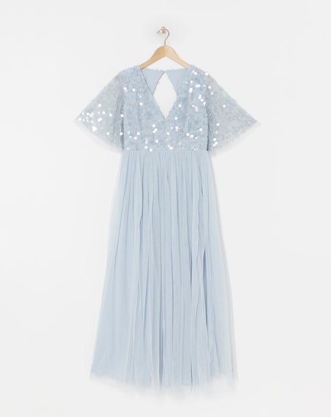 Maya Curve V Neck Delicate Disc Sequin Tulle Maxi Dress