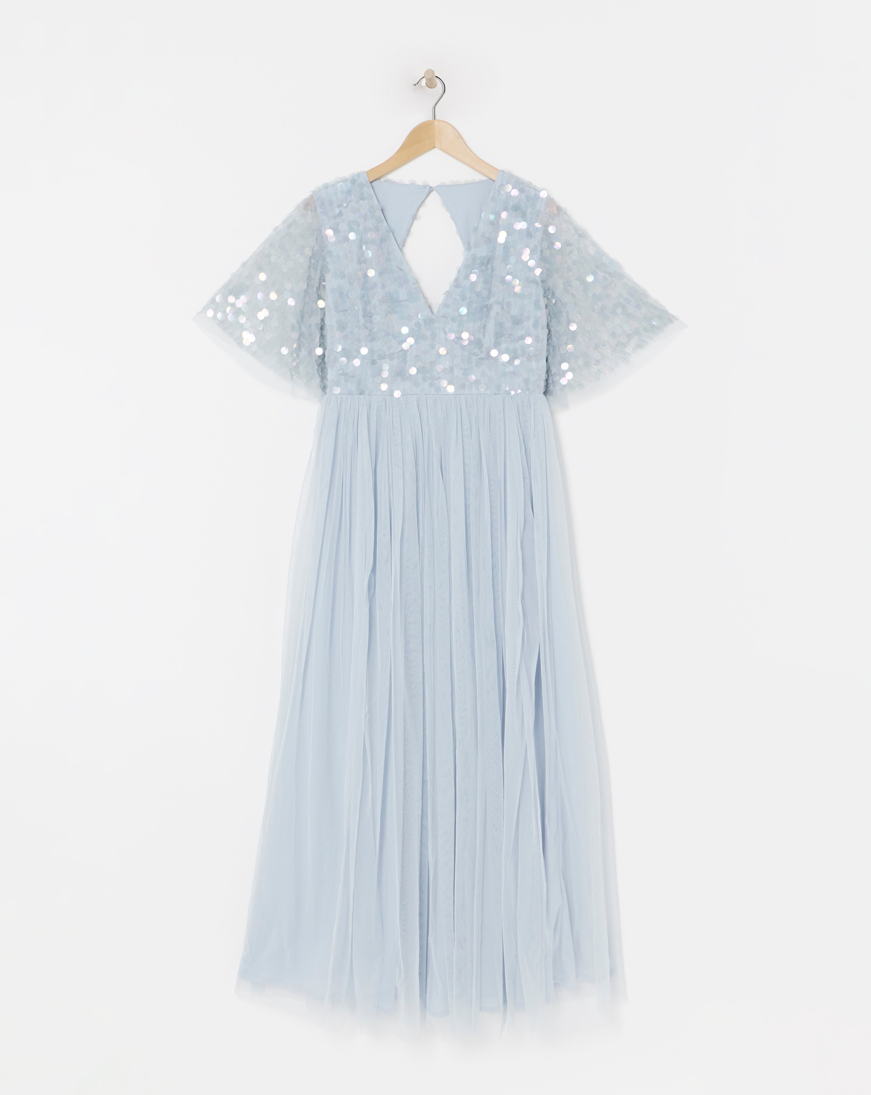 Maya Curve V Neck Delicate Disc Sequin Tulle Maxi Dress