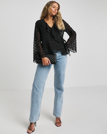 Black Oversized Dobby Wrap Long Sleeve Blouse
