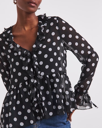 Spot Print Ruffle Front Blouse