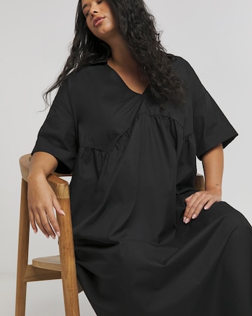 Black Cotton Collared Midi Dress With Pockets