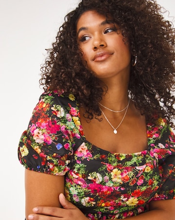 Made In GB Black Floral Printed Scuba Square Neck Smock Dress