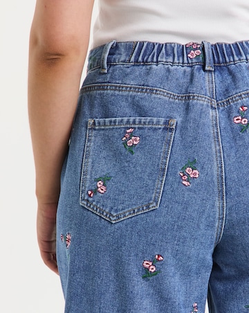 Mid Wash Floral Embroidered Barrel Leg Jeans