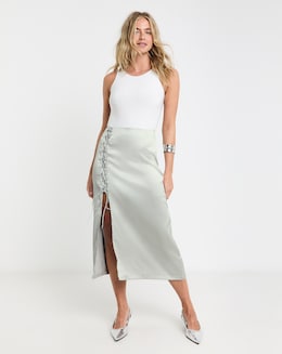 Silver Lace Up Detail Premium Stretch Satin Midaxi Skirt