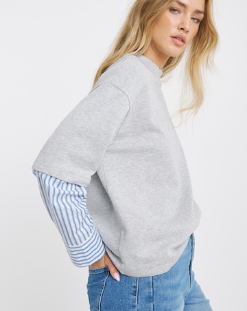 Grey Marl 2 in 1 Woven Sweatshirt with Stripe Sleeves
