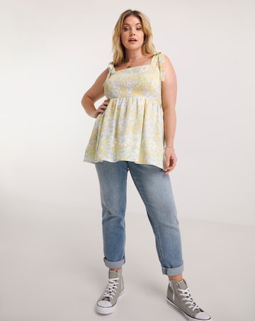 Floral Print Shirred Linen Peplum Top with Tie Straps