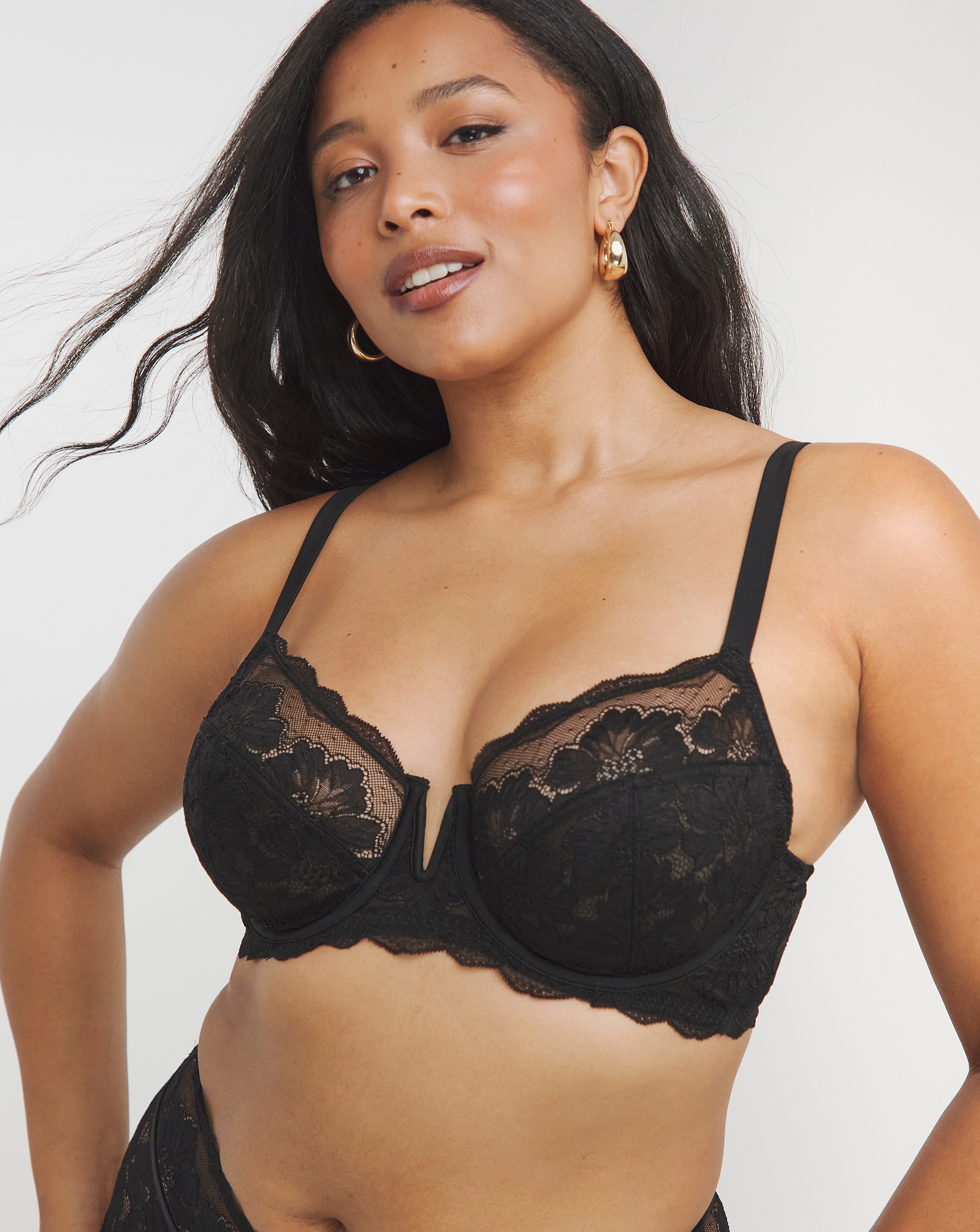 A model wearing a black lacy bra