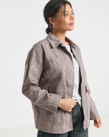 Simply Be Neutral Floral Embroidered Utility Shacket