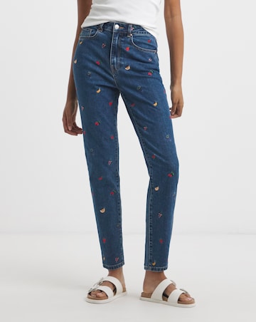 Indigo Fruit Salad Embroidered Mom Jeans