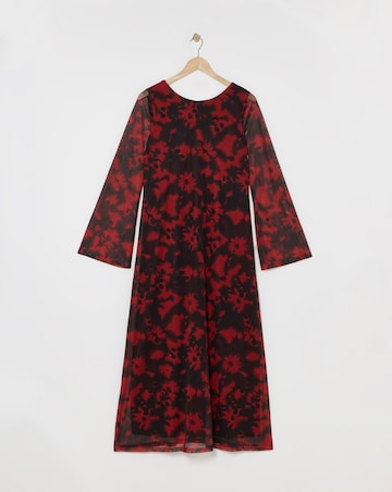Red Blur Printed Long Sleeve Scoop Back Mesh Maxi Dress