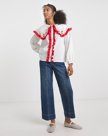 Neon Rose Embroidered Cotton Poplin Blouse with Strawberry Embroidery