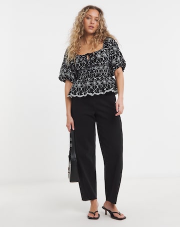 Lovedrobe Broderie Puff Sleeve Square Neck Elasticated Waist Peplum Top
