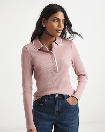 Simply Be Ivory Contrast Scallop Trim Polo Top