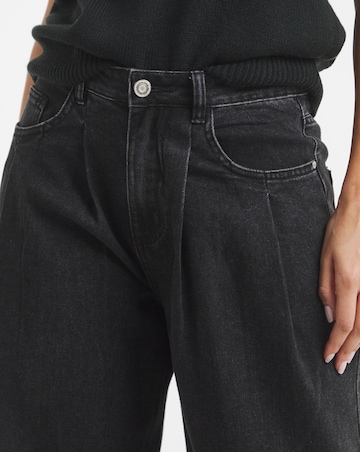 Washed Black Double Pleat Detail Wide Leg Jeans