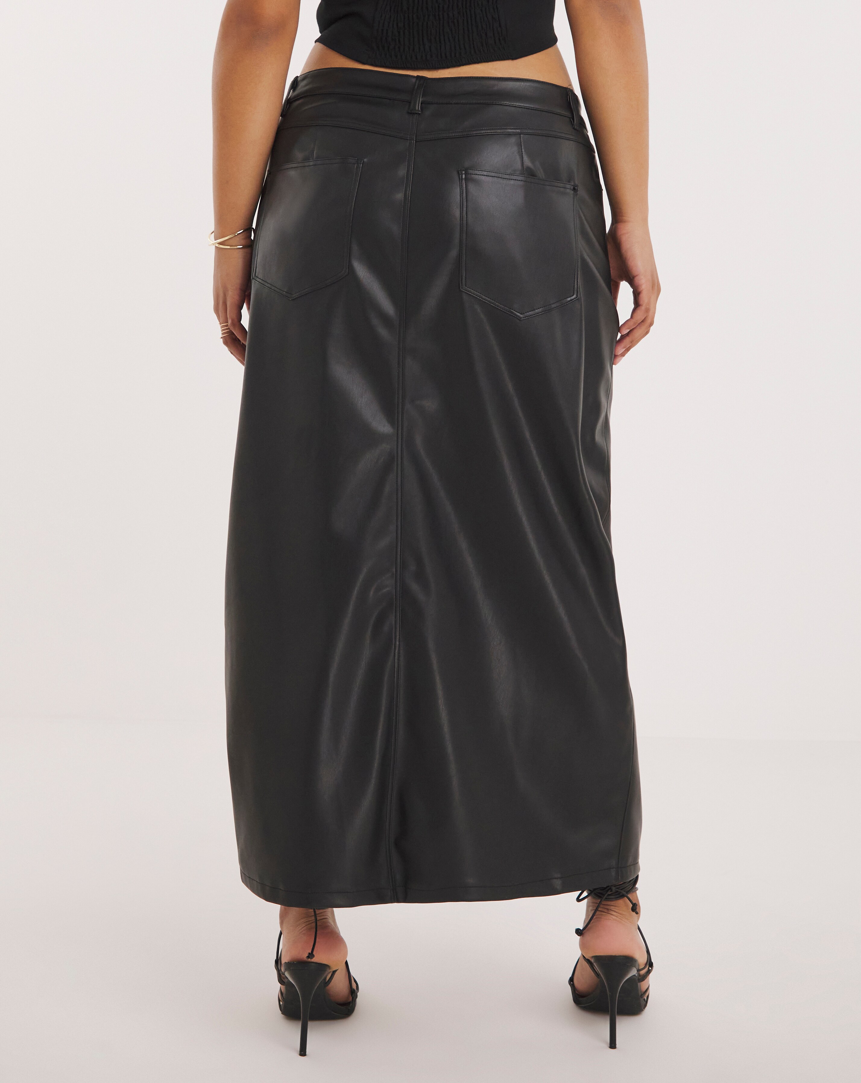 Black PU Stretch Maxi Skirt with Front Split Simply Be