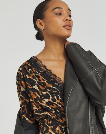 Leopard Print Waffle Lace Trim Skater Dress