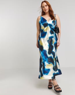 Simply Be Blue Blurred Print Satin Cami Maxi Dress