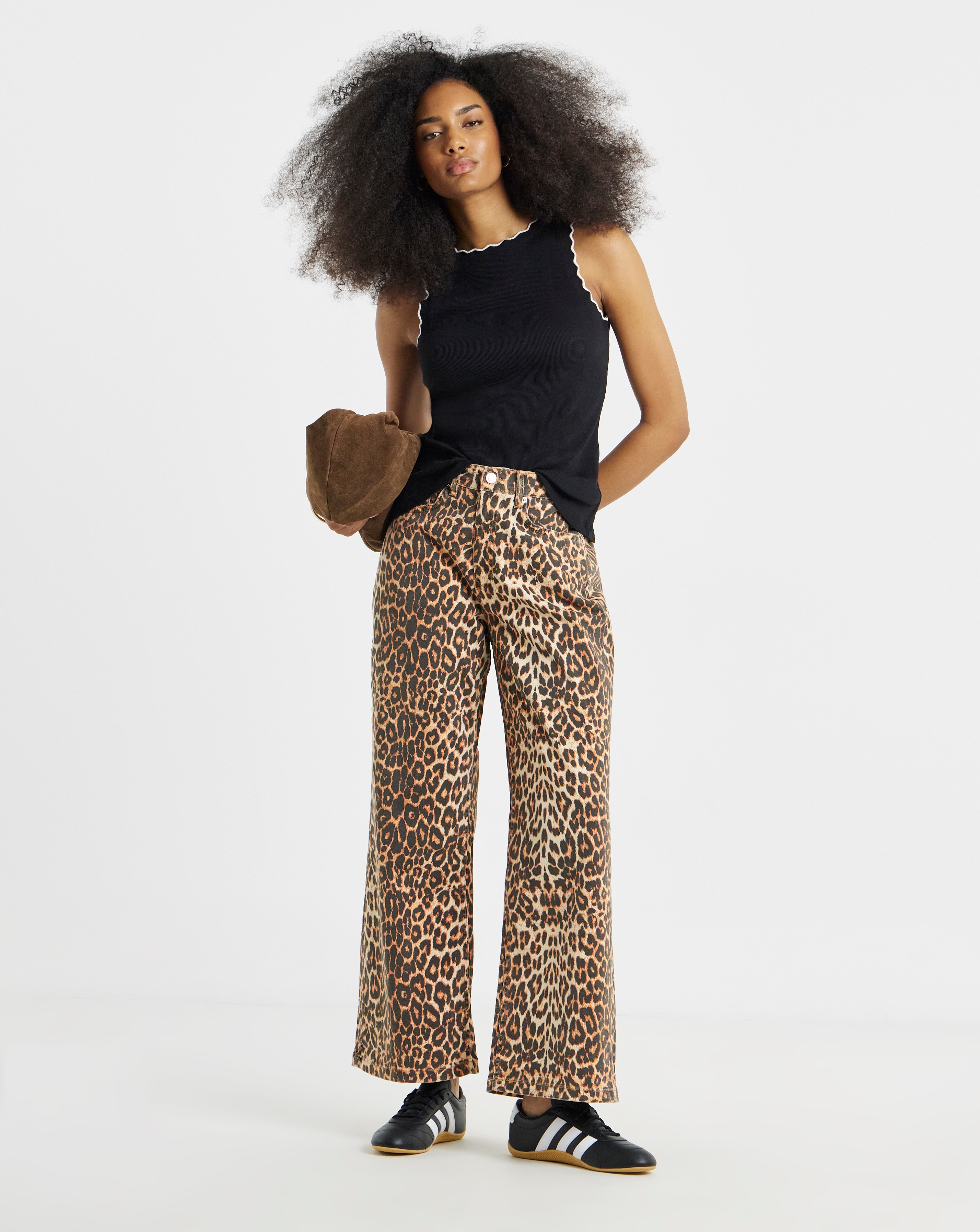 Leopard Print Denim Wide Leg Jeans