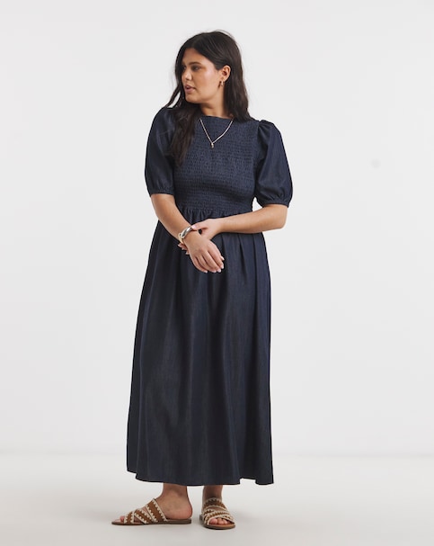 Simply Be Indigo Denim Soleil Shirred Short Sleeve Midaxi Dress