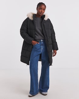 Black Fur Trim Longline Padded Coat