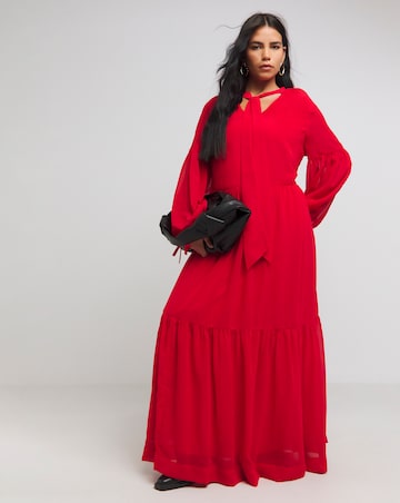 Red Tiered Romantic Maxi Dress With Tie Detail