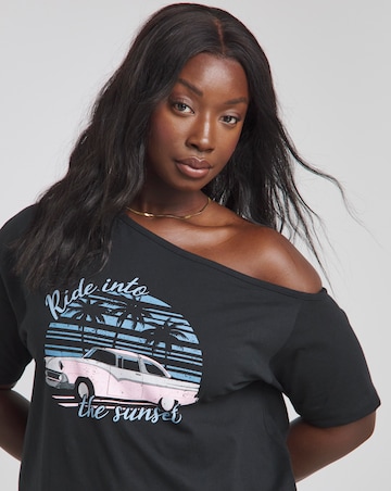 Black Off The Shoulder Slouchy Slogan T-Shirt