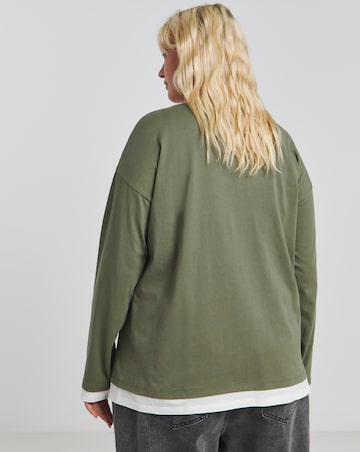 Khaki & Cream Long Sleeve Side Split T-Shirt