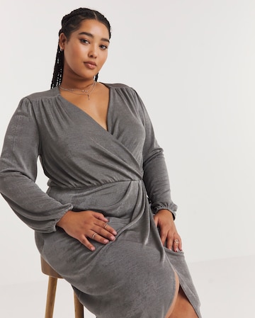 Silver Grey Slinky Wrap Front Midi Dress