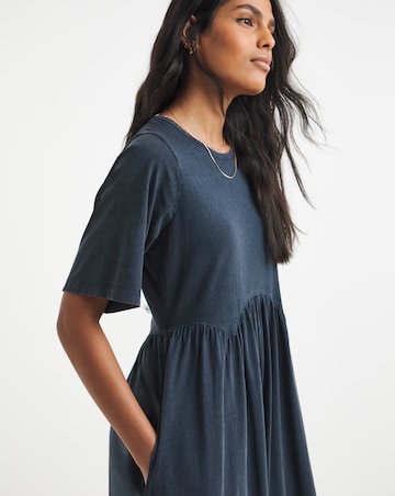 Blue Acid Wash Boxy Sleeve Midi Dress With Pockets