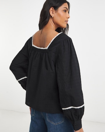 Simply Be Black Square Neck Lace Trim Prairie Blouse