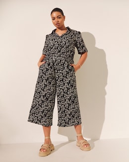 Black Ditsy Floral Culotte Utility Jumpsuit