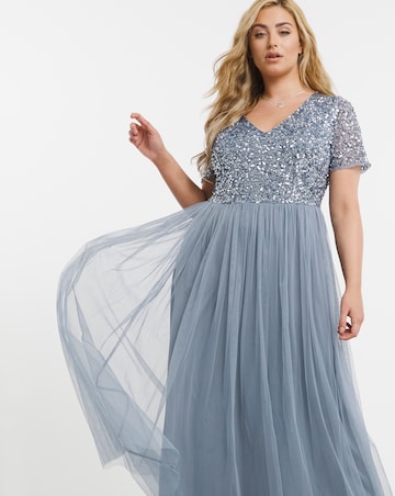 Maya V-Neck Sequin Emebllished Tulle Maxi Dress